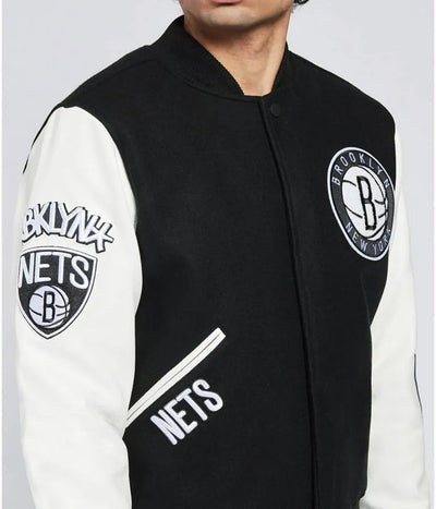 Brooklyn Nets Logo Patches Black Wool & White Genuine Leather Sleeves Men's Varsity Letterman Jacket