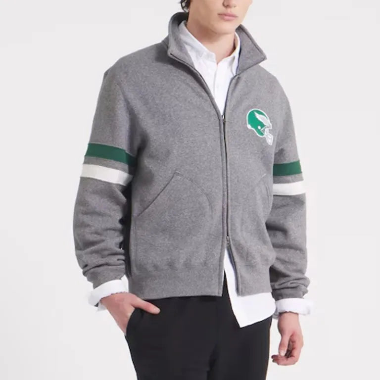 Philadelphia Eagles Heather Full-Zip Varsity Gray Striped Fleece Men's Bomber Jacket