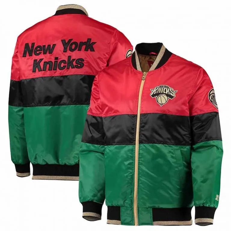New York Knick 75th Anniversary Full-Snap Varsity Tri-Color Satin Men's Bomber Jacket
