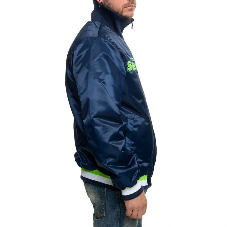 Seattle Seahawks Neon Embroidery Full-Snap Varsity Navy Blue Satin Men's Bomber Jacket