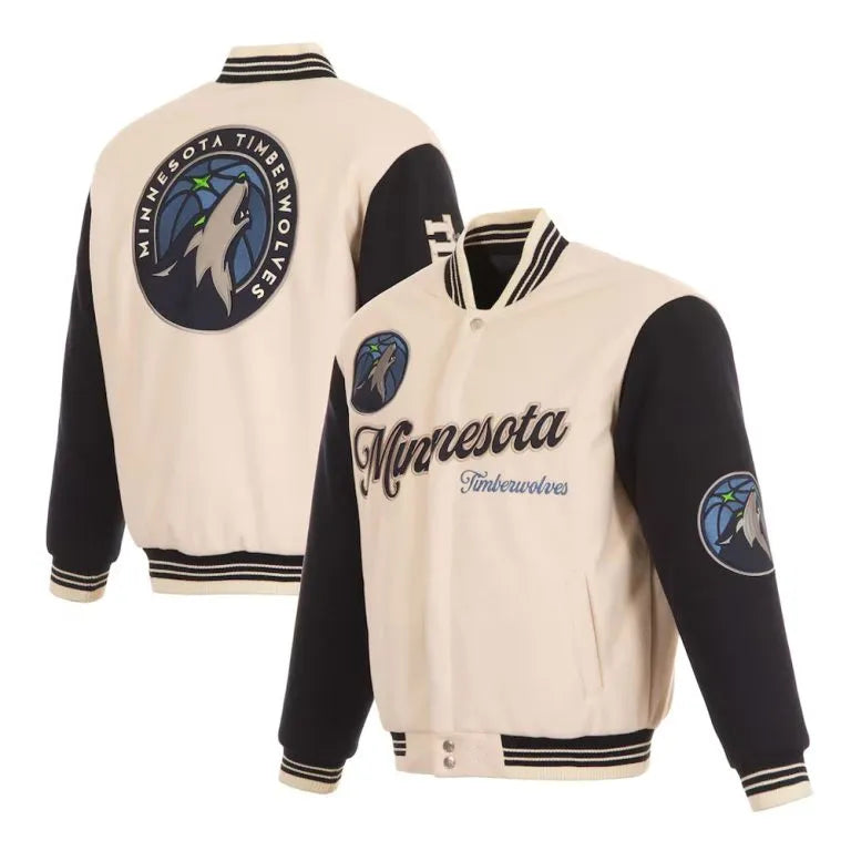 Minnesota Timberwolves Varsity Cream Wool & Black Genuine Leather Sleeves Men's Jacket