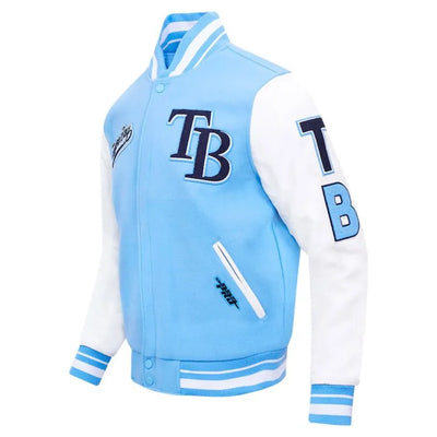 Tampa Bay Rays Script Tail Light Blue Wool and White Leather Sleeves Varsity Men's Jacket