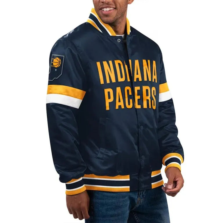Indiana Pacers Home Game Full-Snap Varsity Navy Blue Satin Men's Bomber Jacket