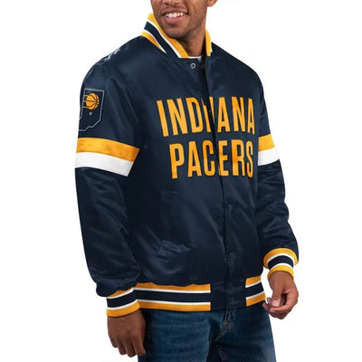 Indiana Pacers Home Game Full-Snap Varsity Navy Blue Satin Men's Bomber Jacket