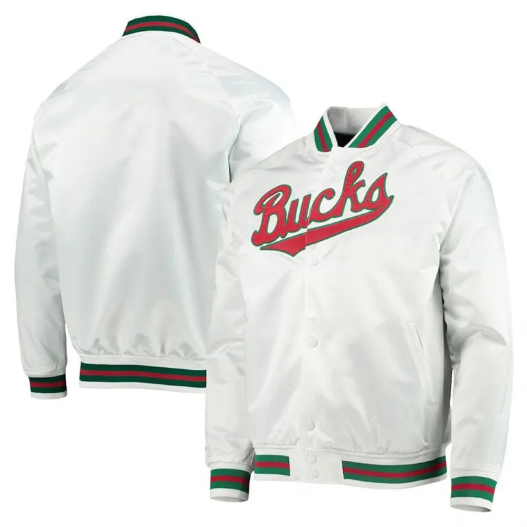 Milwaukee Bucks Hardwood Classics Full-Snap Varsity White Satin Men's Bomber Jacket