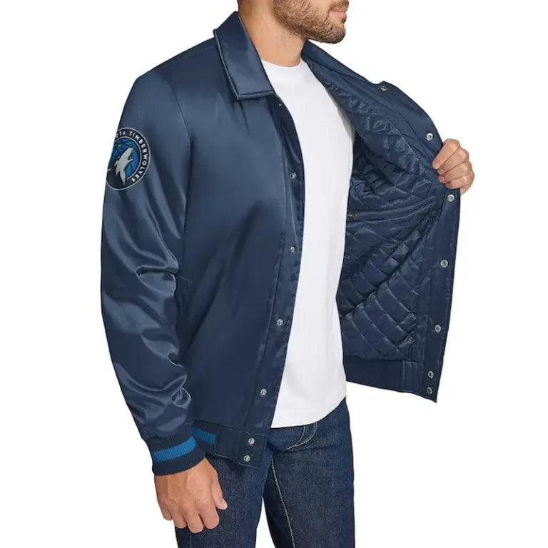 Minnesota Timberwolves Stitch Applique Full-Snap Varsity White Navy Blue Men's Bomber Jacket