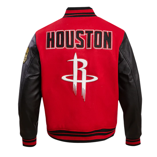 Houston Rockets Retro Classic Rib Varsity Red Wool & Black Genuine Leather Sleeves Men's Bomber Jacket