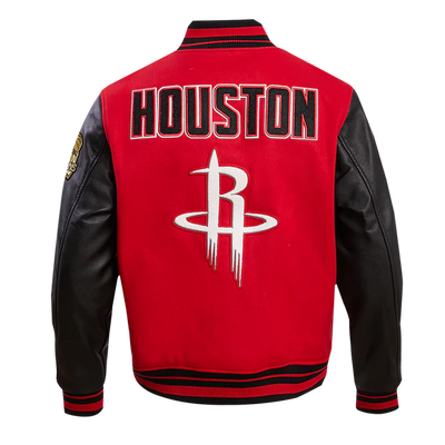 Houston Rockets Retro Classic Rib Varsity Red Wool & Black Genuine Leather Sleeves Men's Bomber Jacket