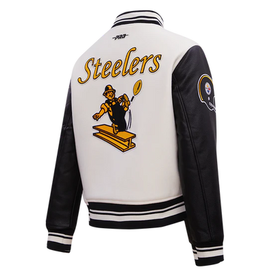 Pittsburgh Steelers Retro Classic Off White Wool & Black Genuine Leather Sleeves Men's Varsity Letterman Jacket