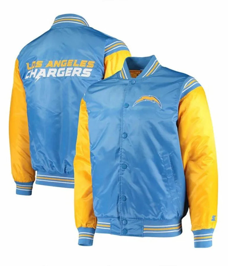 Los Angeles Chargers Enforcer Full-Snap Varsity Yellow and Light Blue Satin Men's Bomber Jacket
