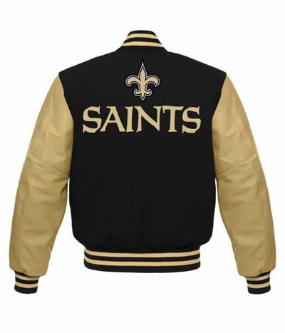 New Orleans Saints Logo Mash Up Black Wool & Gold Genuine Leather Sleeves Men's Varsity Letterman Jacket