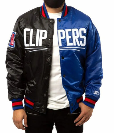 Los Angeles Clippers Full-Snap Varsity Black and Blue Satin Men's Bomber Jacket
