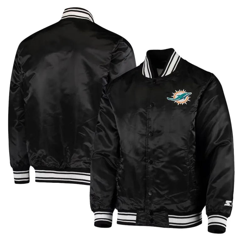 Miami Dolphins Locker Room Full-Snap Varsity Black Satin Men's Bomber Jacket