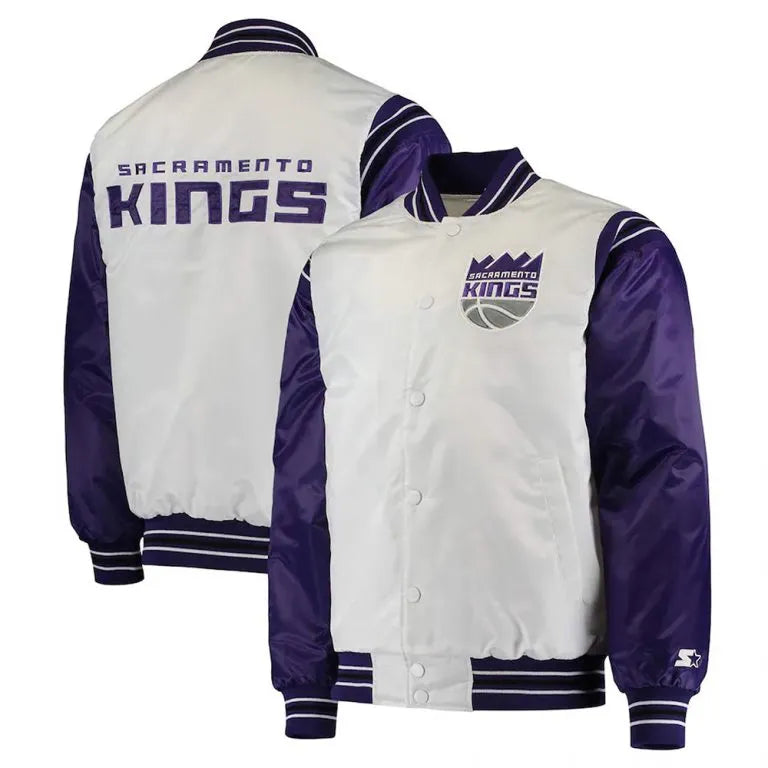 Sacramento Kings Renegade Full-Snap Varsity Purple and White Satin Men's Bomber Jacket