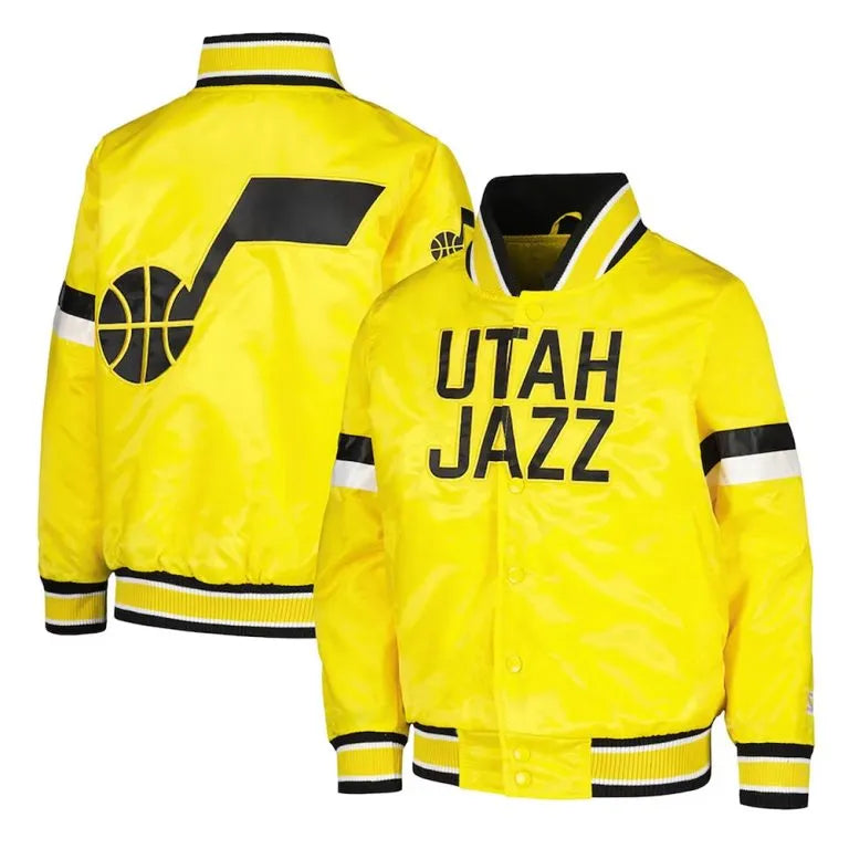 Utah Jazz Youth Home Game Full-Snap Varsity Yellow Satin Men's Bomber Jacket