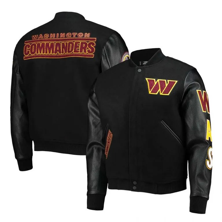 Washington Commanders Logo Black Wool & Genuine Leather Sleeves Men's Varsity Letterman Jacket