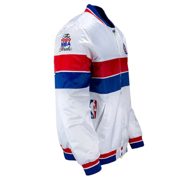 Detroit Pistons 35th Anniversary Full-Snap Varsity White Satin Men's Bomber Jacket