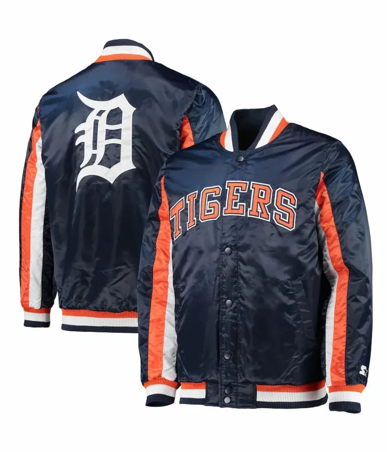 Detroit Tigers Navy Blue Satin Bomber Men's Jacket