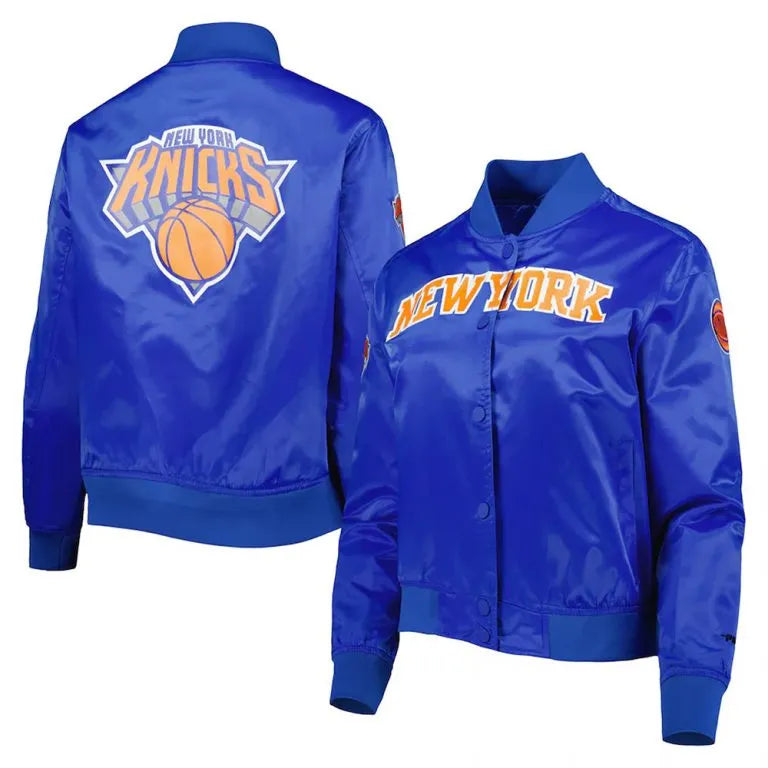 New York Knick Classic Full-Snap Varsity Royal Blue Satin Men's Bomber Jacket
