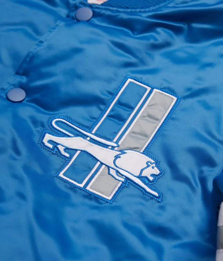 Detroit Lions Full-Snap Varsity Light Blue Satin Men's Bomber Jacket