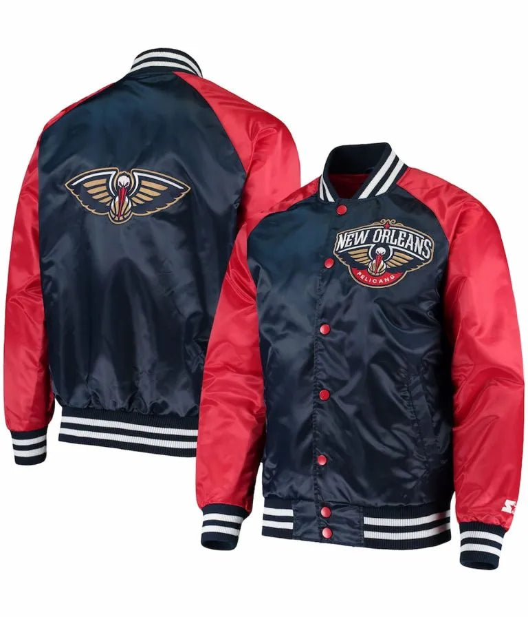 New Orleans Pelicans Full-Snap Varsity Red and Navy Blue Satin Men's Bomber Jacket