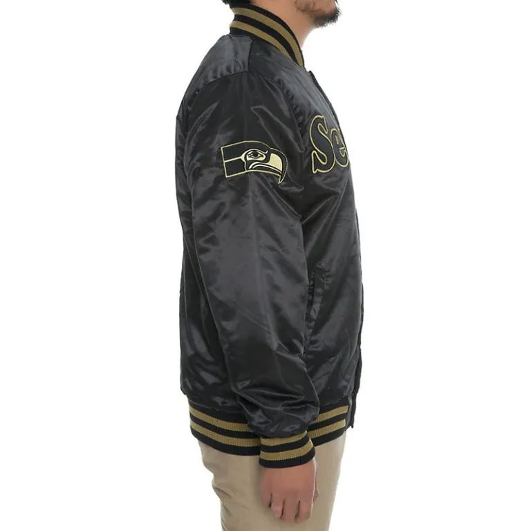 Seattle Seahawks Full-Snap Varsity Black Satin Men's Bomber Jacket