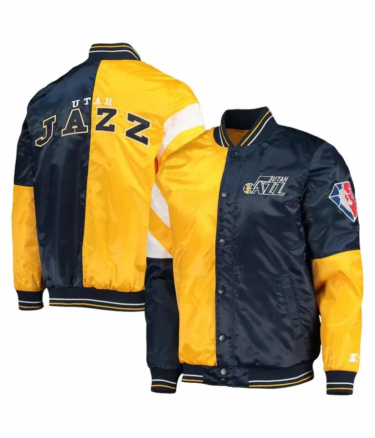 Utah Jazz 75th Anniversary Full-Snap Varsity Color Block Satin Men's Bomber Jacket
