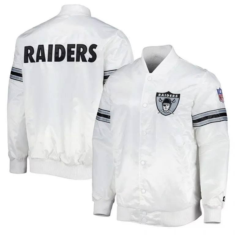 Los Angeles Raiders The Power Forward Full-Snap Varsity White Satin Men's Bomber Jacket
