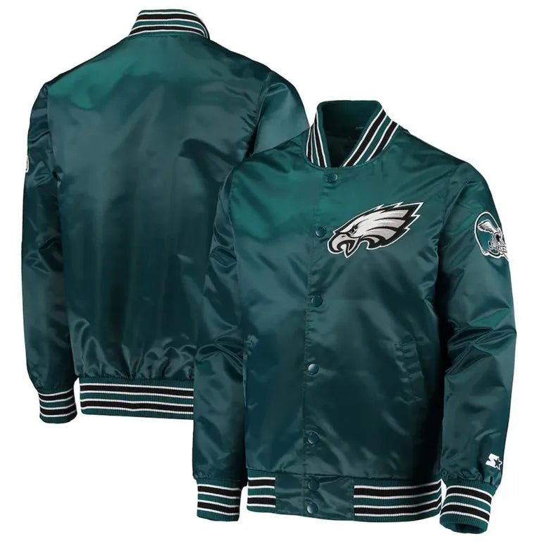 Philadelphia Eagles The Diamond Full-Snap Varsity Midnight Green Satin Men's Bomber Jacket