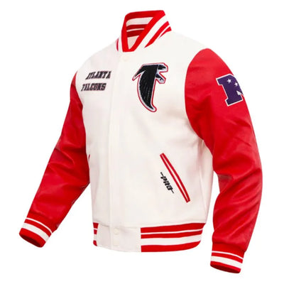 Atlanta Falcons Varsity Off White Wool & Red Genuine Leather Sleeves Men's Jacket