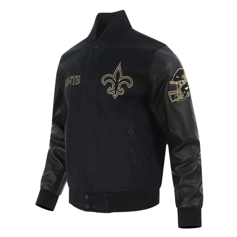 New Orleans Saints Mash Up Black Wool & Genuine Leather Sleeves Men's Varsity Letterman Jacket