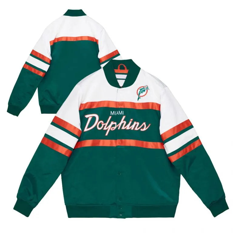 Miami Dolphins Heavyweight Special Script Full-Snap Varsity Green & White Satin Men's Bomber Jacket