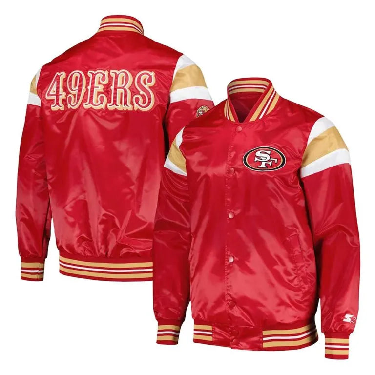 San Francisco 49ers Midweight Full-Snap Varsity Red Satin Men's Bomber Jacket