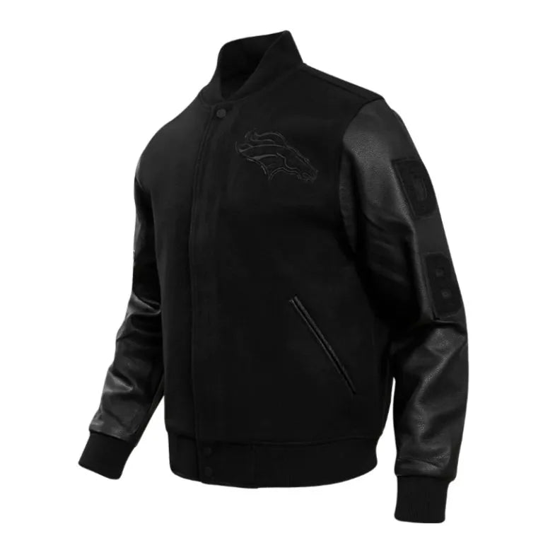 Denver Broncos Triple Black Wool & Genuine Leather Sleeves Men's Varsity Jacket