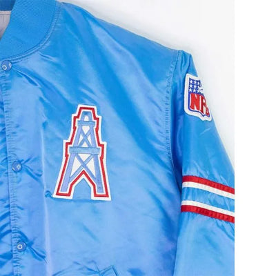 90’s Houston Oilers Full-Snap Varsity Blue Satin Men's Bomber Jacket