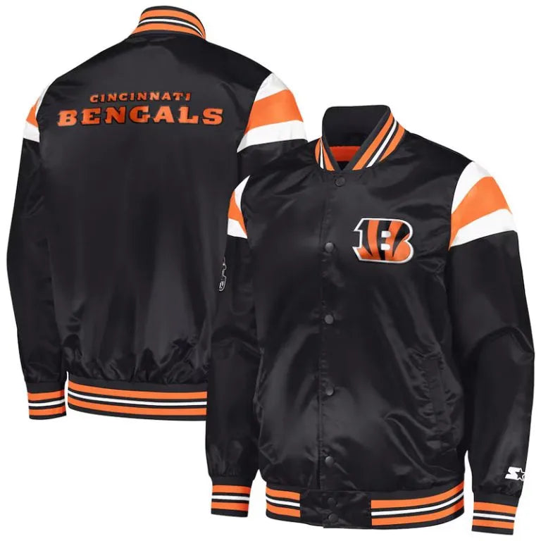 Cincinnati Bengals Midweight Full-Snap Varsity Black Satin Men's Bomber Jacket