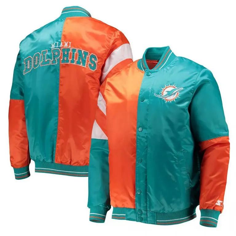 Miami Dolphins Leader Full-Snap Varsity Aqua and Orange Satin Men's Bomber Jacket