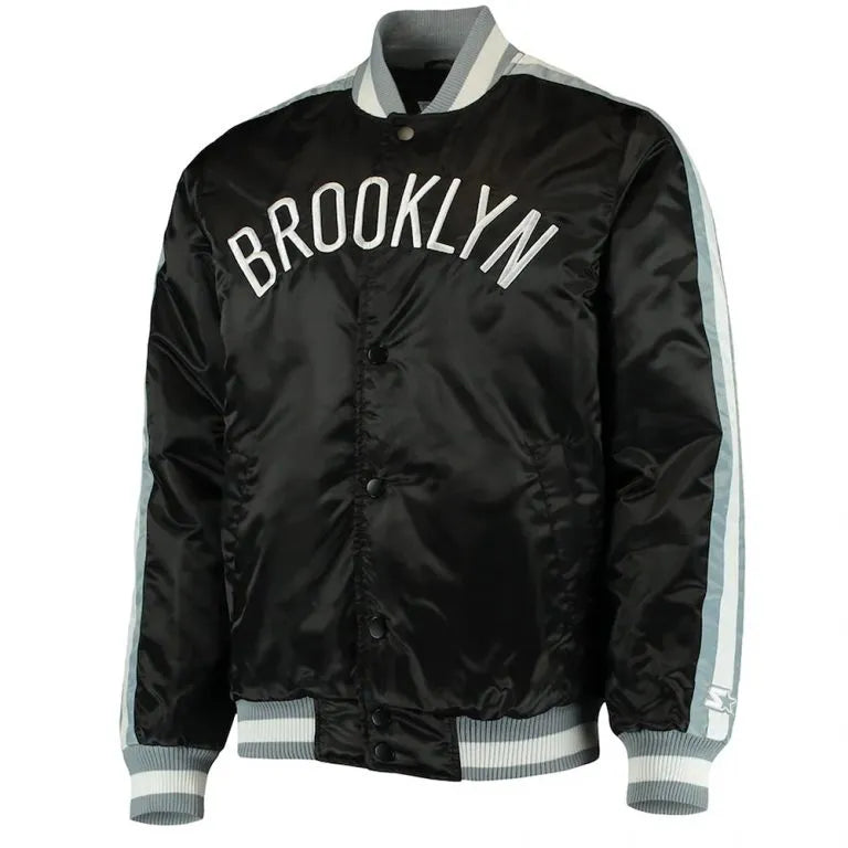Brooklyn Nets The Offensive Full-Snap Varsity Black Satin Men's Bomber Jacket