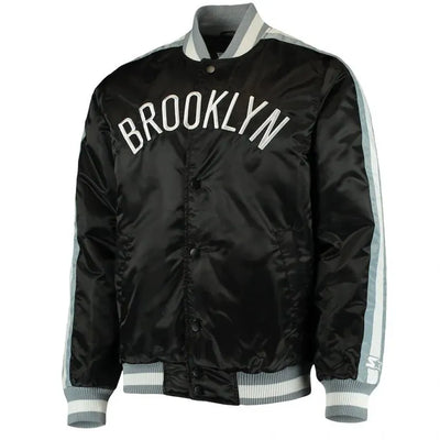 Brooklyn Nets The Offensive Full-Snap Varsity Black Satin Men's Bomber Jacket