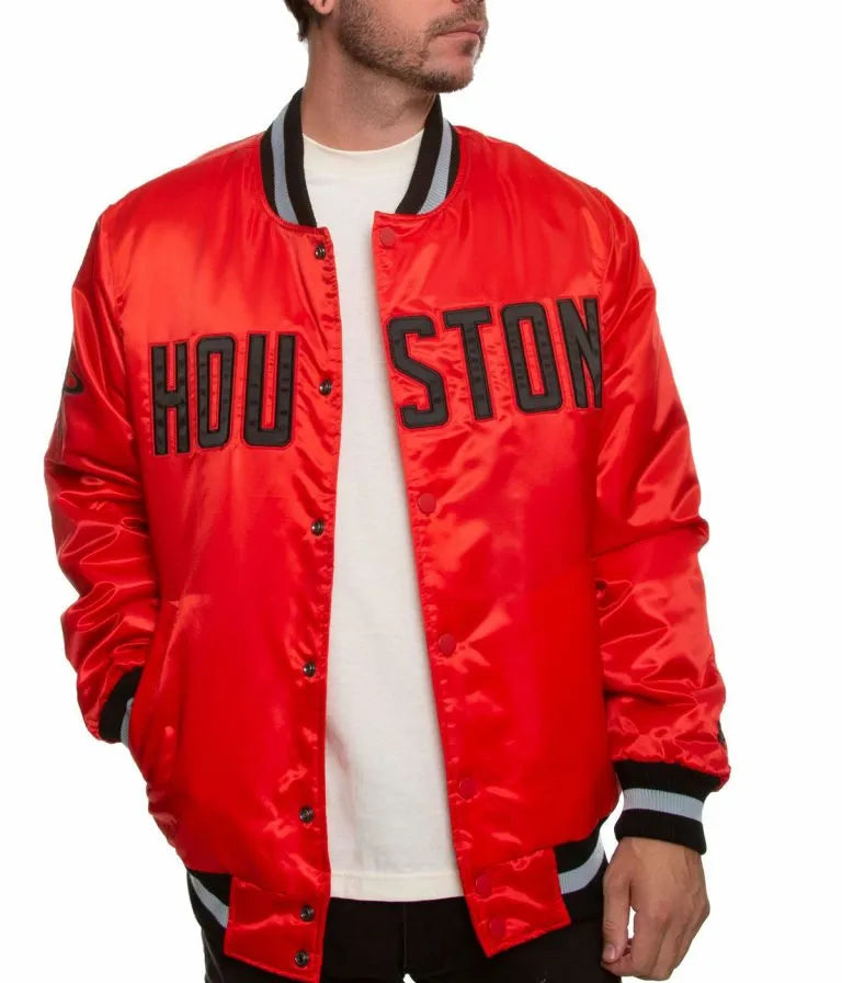 Houston Rockets Full-Snap Varsity Red Satin Men's Bomber Jacket