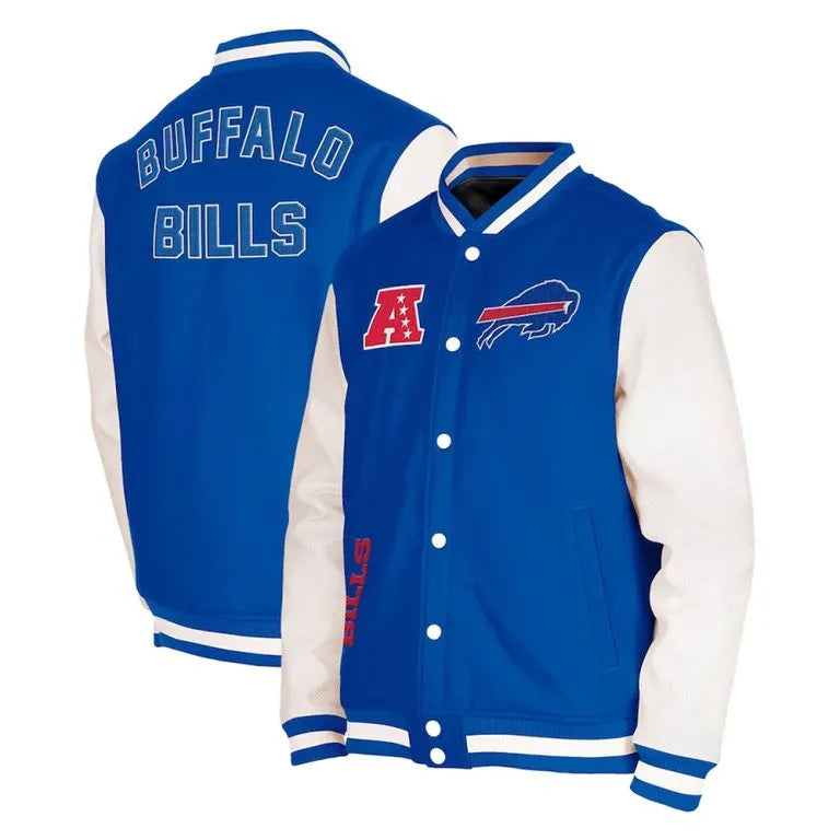 Buffalo Bills Third Down Royal Blue Wool and White Leather Sleeves Varsity Men's Letterman Jacket