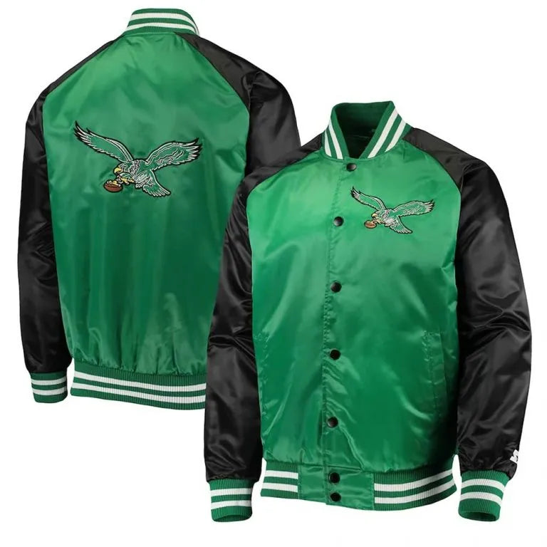 Philadelphia Eagles Lead Off Full-Snap Varsity Green and Black Satin Men's Bomber Jacket