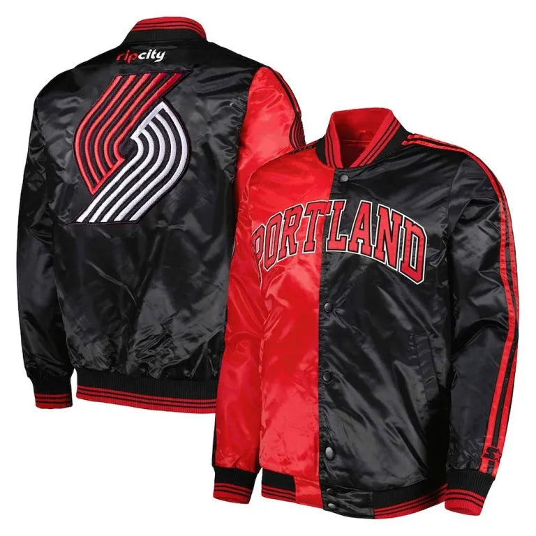 Portland Trail Blazers Fast Break Full-Snap Varsity Red and Black Satin Men's Bomber Jacket
