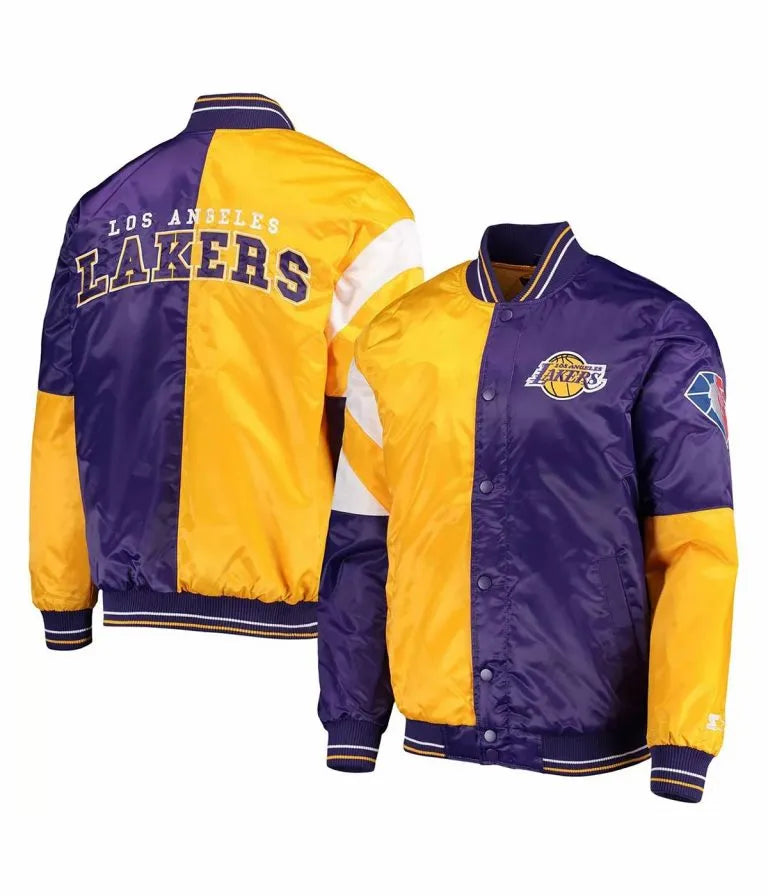 Los Angeles Lakers 75th Anniversary Leader Full-Snap Varsity Color Block Satin Men's Bomber Jacket
