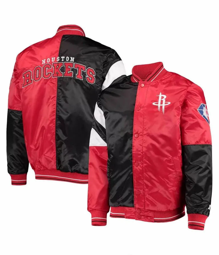Houston Rockets Leader Full-Snap Varsity Black and Red Satin Men's Bomber Jacket