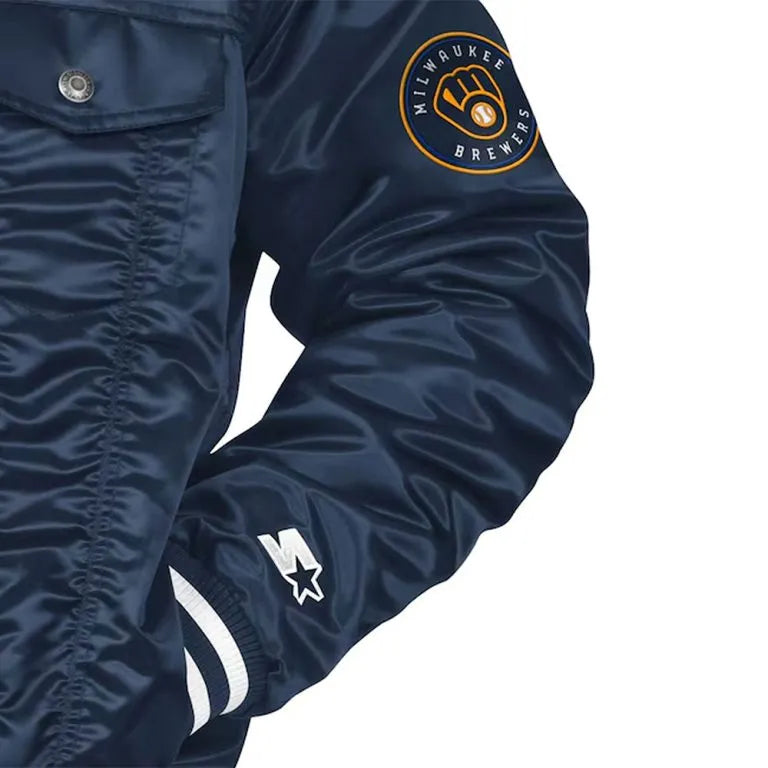 Milwaukee Brewers Silver Tab Trucker Full-Snap Navy Blue Satin Men's Jacket