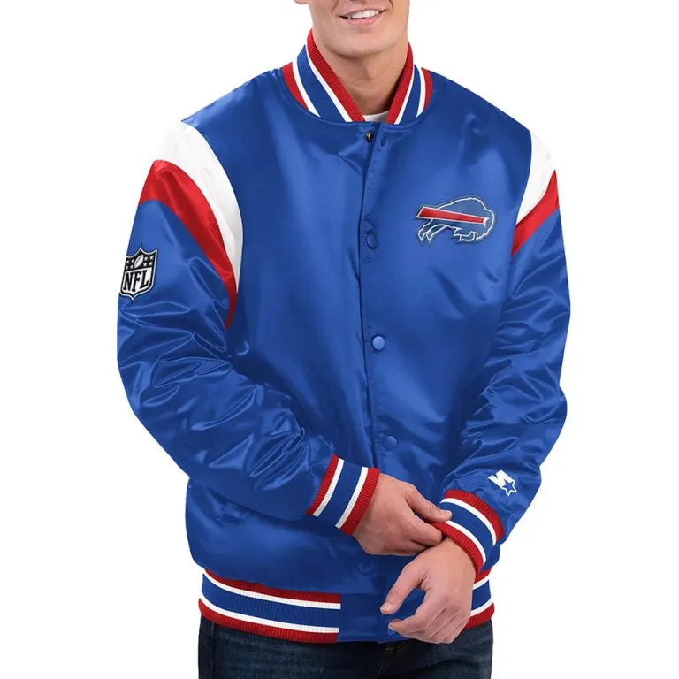 Buffalo Bills Shutout Throwback Full-Snap Varsity Blue Satin Men's Bomber Jacket