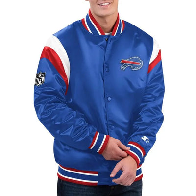 Buffalo Bills Shutout Throwback Full-Snap Varsity Blue Satin Men's Bomber Jacket