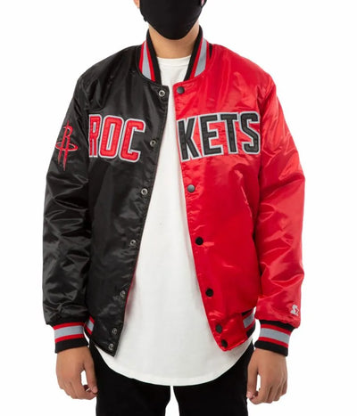 Houston Rockets Full-Snap Varsity Red and Black Satin Men's Bomber Jacket
