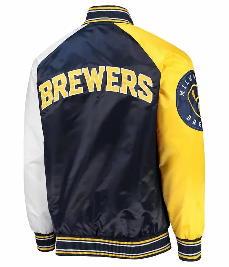 Milwaukee Brewers Reliever Navy Blue and Yellow Satin Full Snap Men's Jacket